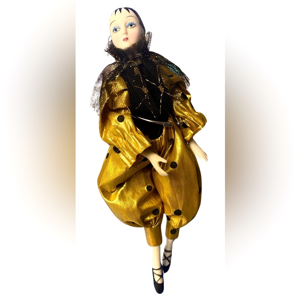 Denton Doll Black Polka Dot Gold Ballerina Jester Figurine Figure Vintage 10”